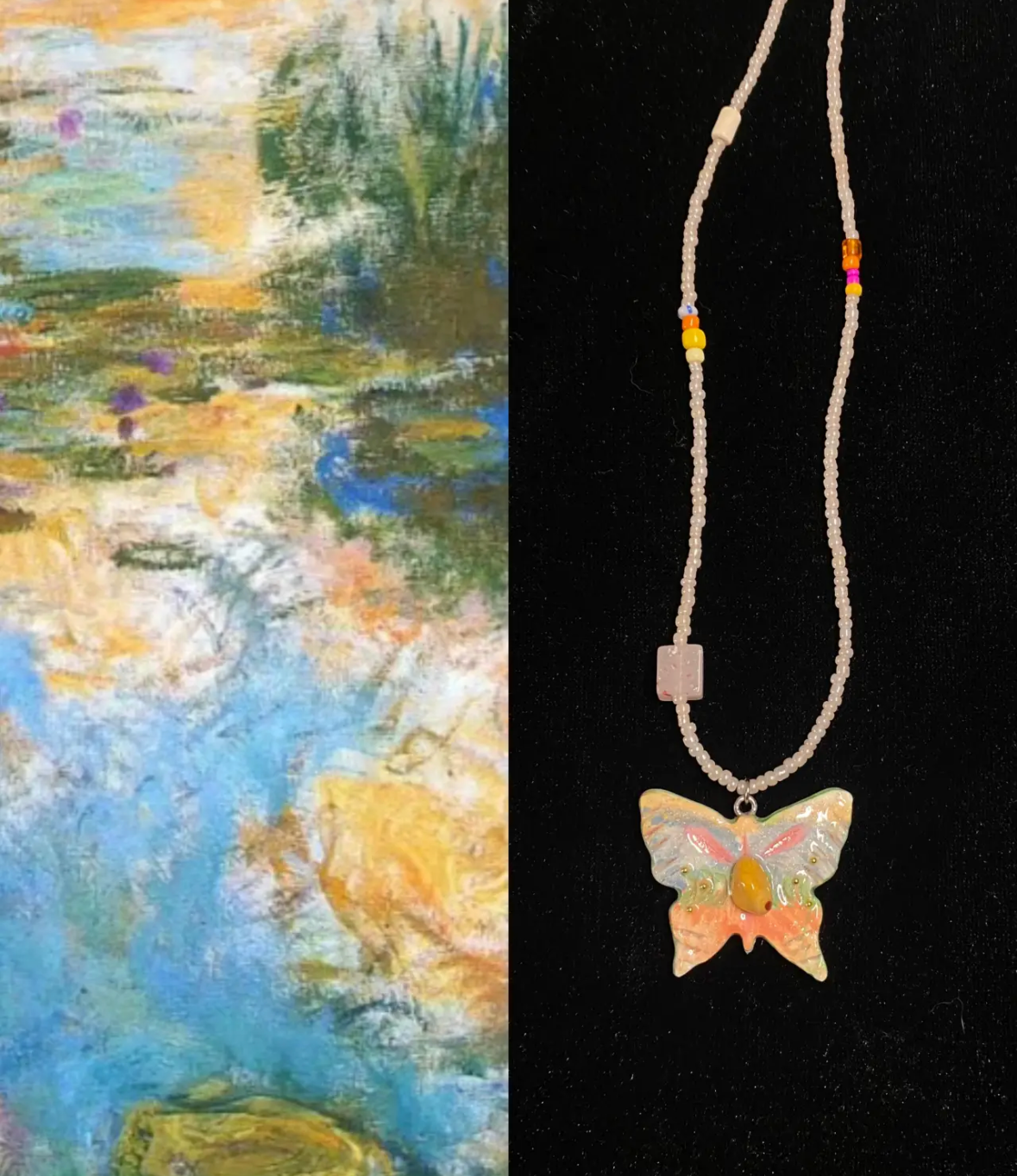 Beaded Butterfly Necklace | Handmade Art | Stone Clay Pendant