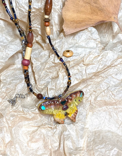 Beaded Butterfly Necklace | Handmade Art | Stone Clay Pendant