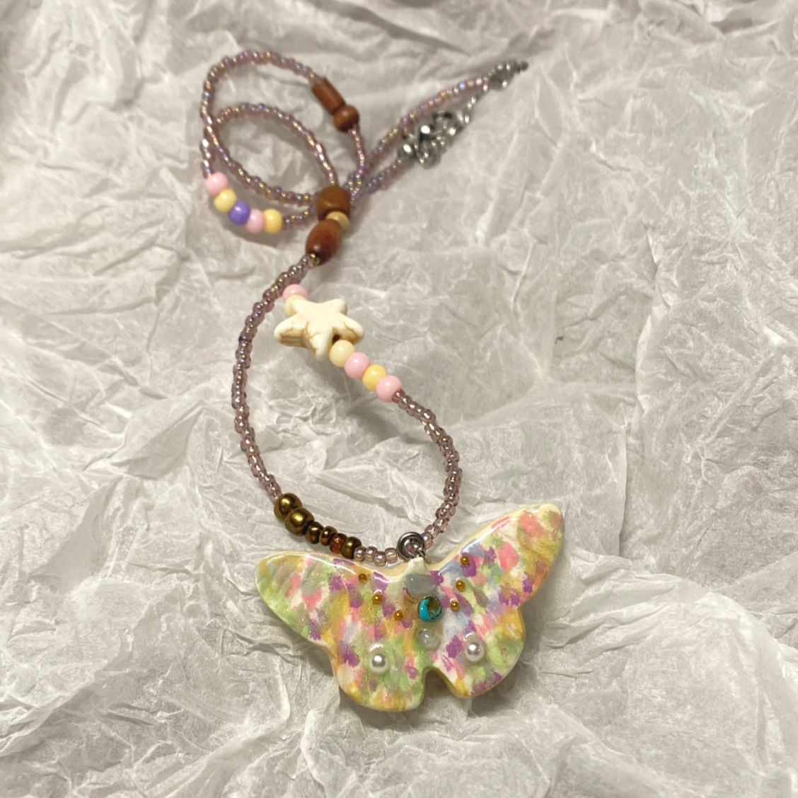 Beaded Butterfly Necklace | Handmade Art | Stone Clay Pendant