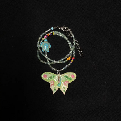 Beaded Butterfly Necklace | Handmade Art | Stone Clay Pendant