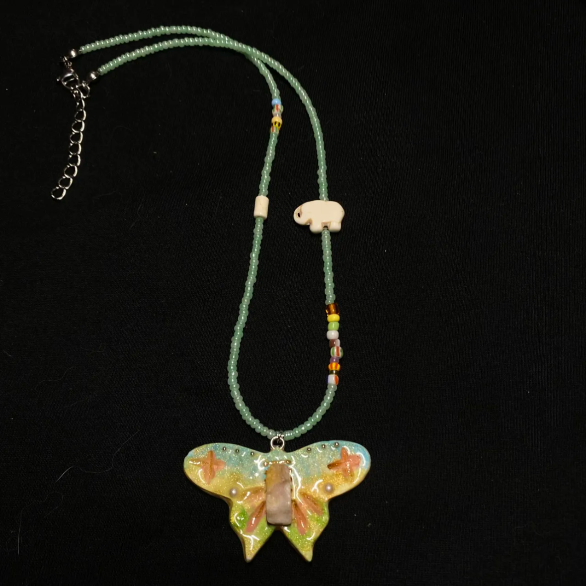 Beaded Butterfly Necklace | Handmade Art | Stone Clay Pendant