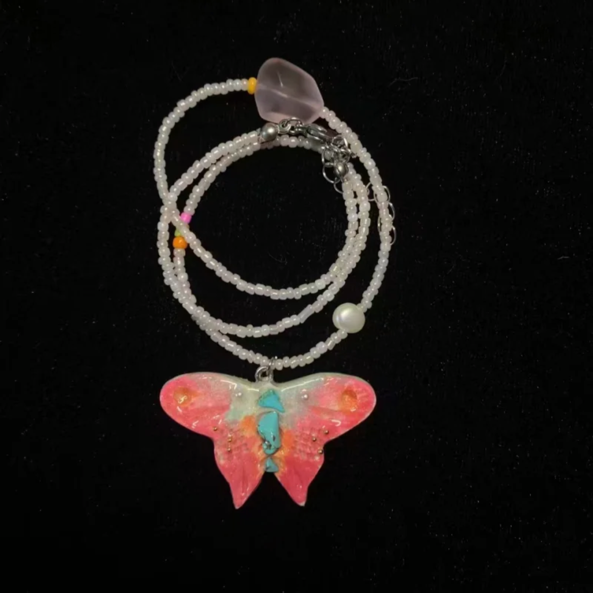 Beaded Butterfly Necklace | Handmade Art | Stone Clay Pendant