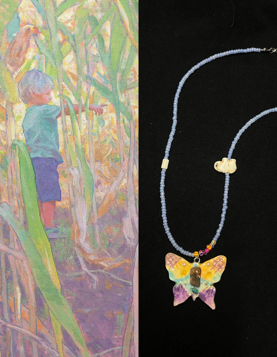 Beaded Butterfly Necklace | Handmade Art | Stone Clay Pendant