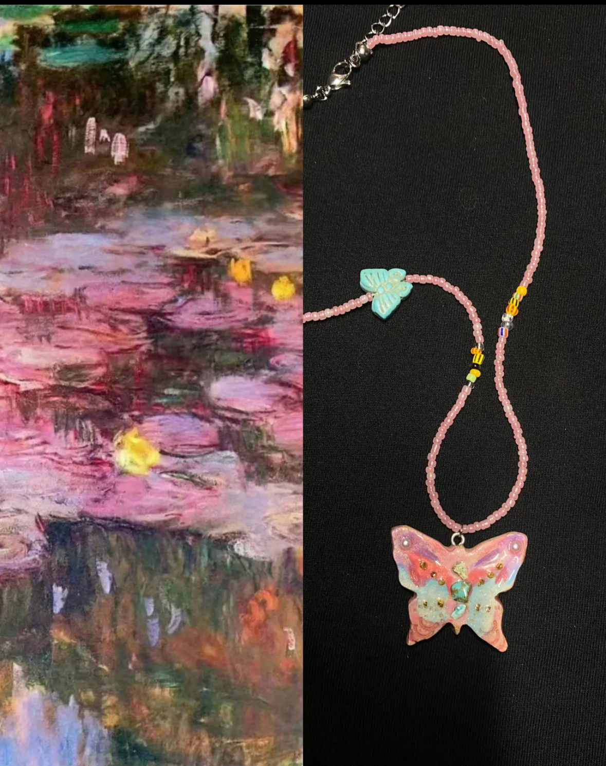 Beaded Butterfly Necklace | Handmade Art | Stone Clay Pendant