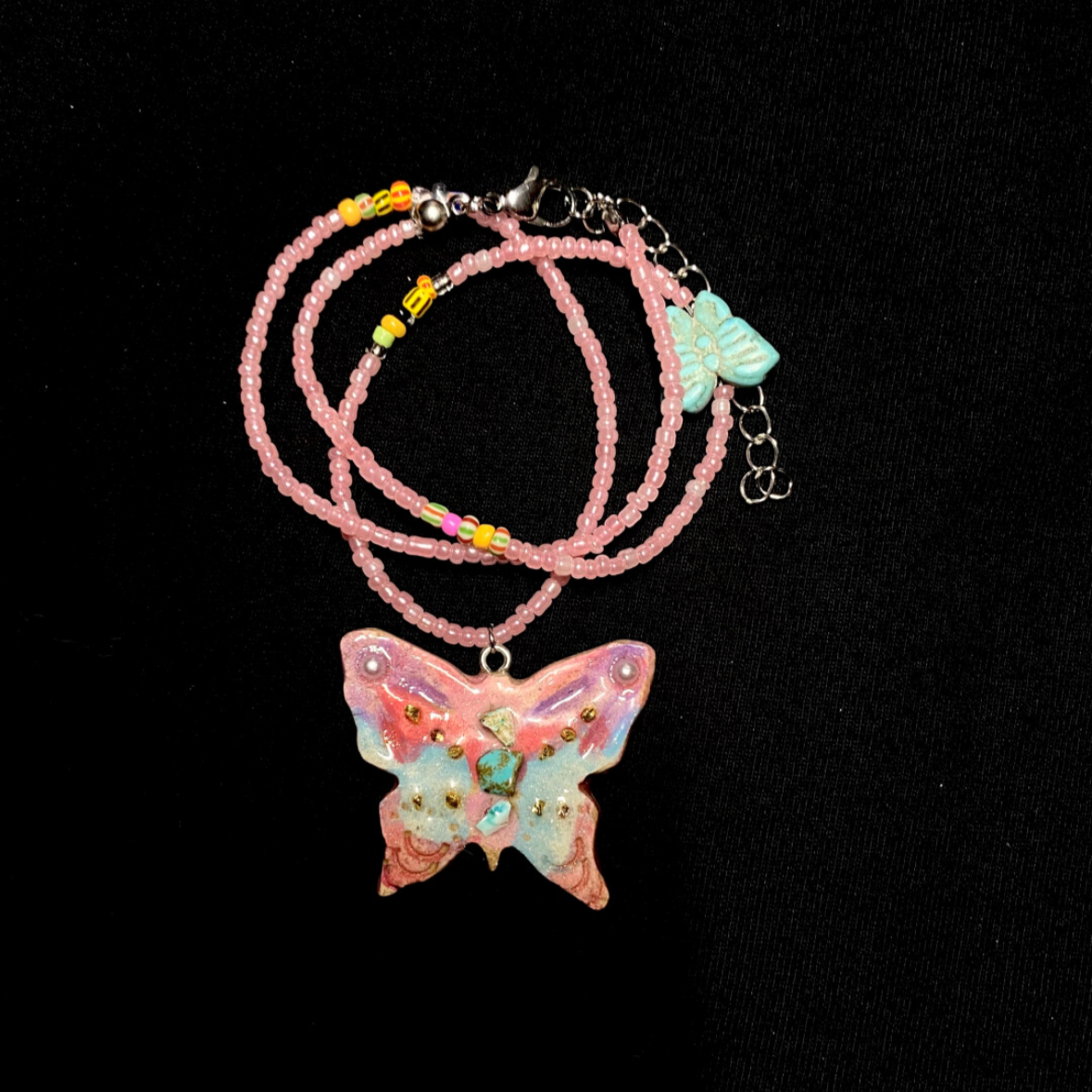 Beaded Butterfly Necklace | Handmade Art | Stone Clay Pendant