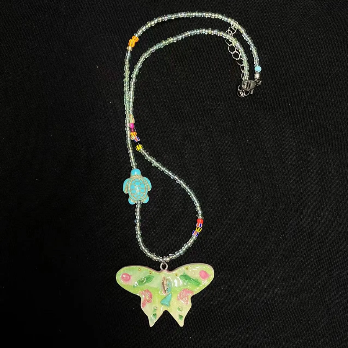 Beaded Butterfly Necklace | Handmade Art | Stone Clay Pendant