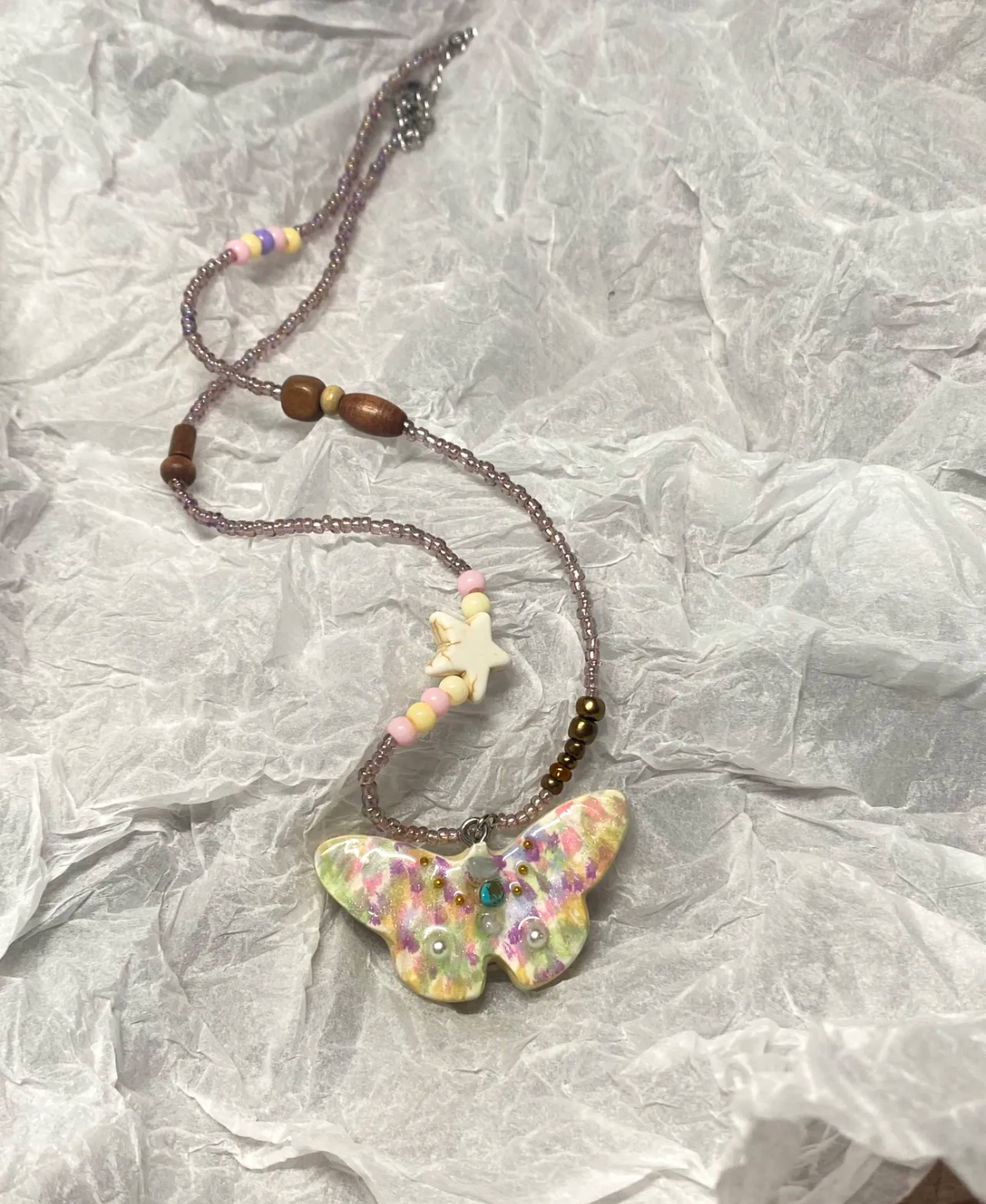 Beaded Butterfly Necklace | Handmade Art | Stone Clay Pendant