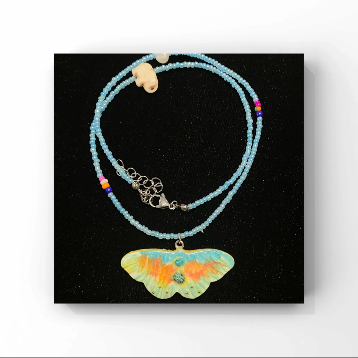 Beaded Butterfly Necklace | Handmade Art | Stone Clay Pendant