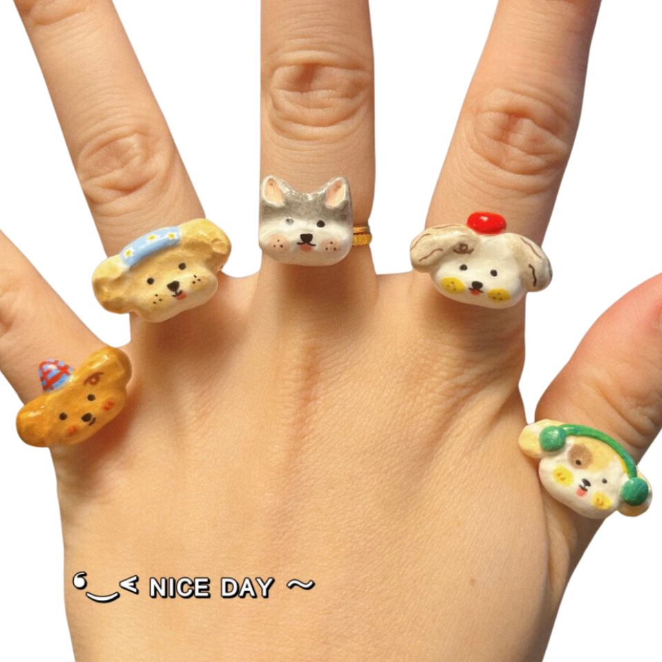 Puppy Ring | Adjustable Clay Art | 14k Gold-Plated Band